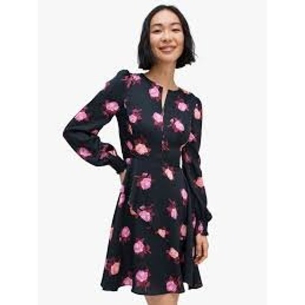 Kate Spade Womens Dress 14 Black Pink Rose Floral Smocked Back Keyhole Mini
